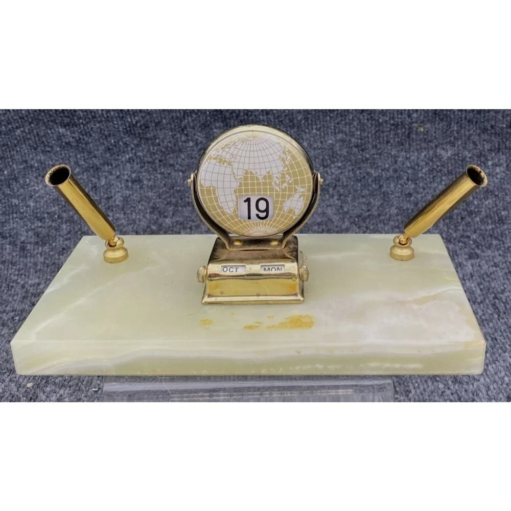 Mid Century Onyx Desk Set Perpetual Globe Calendar Double Pen Holder Brass